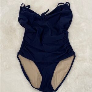 Spiegel Navy Blue One Piece Swimsuit w/ Sweetheart Neckline and bow detail. NWOT
